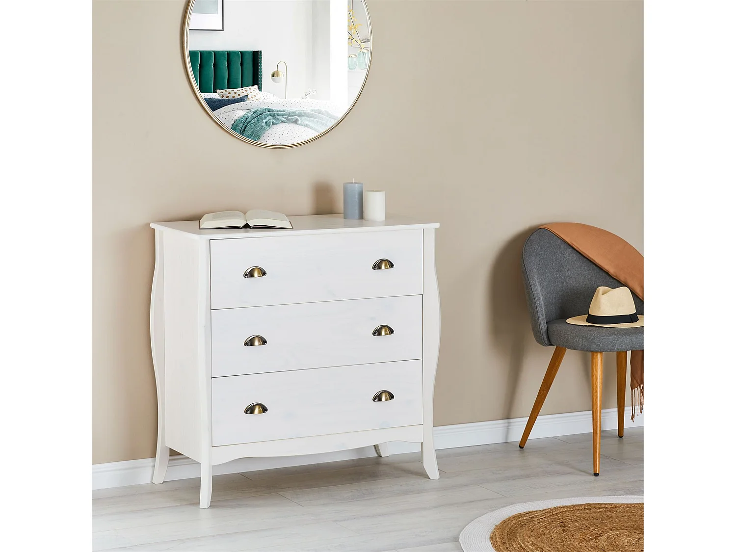 Commode de chambre ANTOINETTE style baroque rococo design moderne, rangement avec 3 tiroirs, en pin massif lasuré blanc