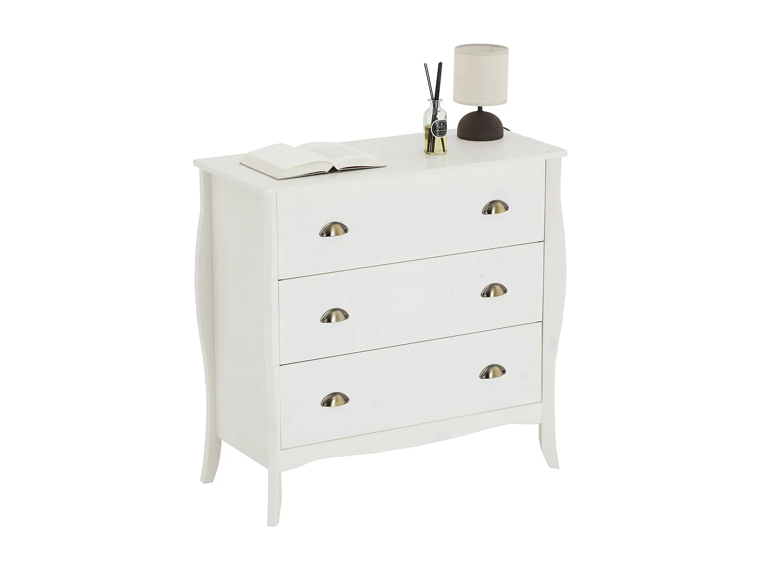 Commode de chambre ANTOINETTE style baroque rococo design moderne, rangement avec 3 tiroirs, en pin massif lasuré blanc