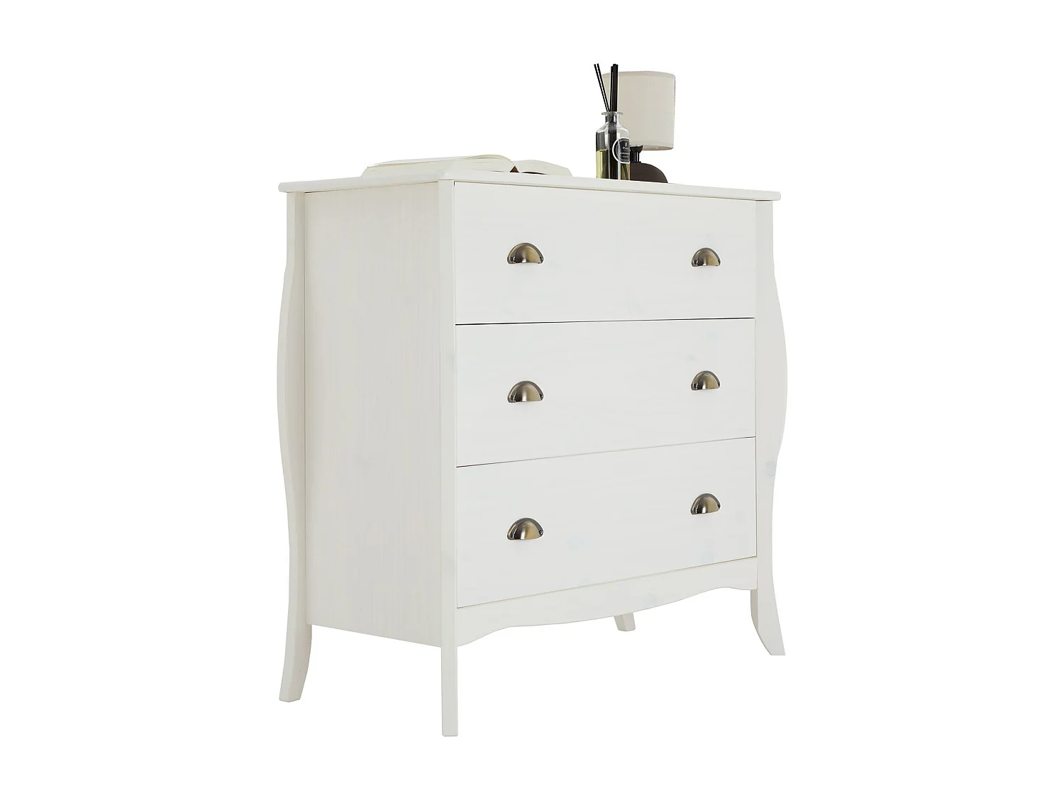 Commode de chambre ANTOINETTE style baroque rococo design moderne, rangement avec 3 tiroirs, en pin massif lasuré blanc