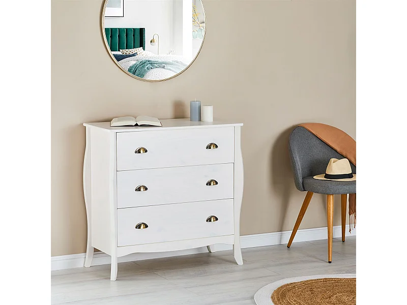 Commode de chambre ANTOINETTE style baroque rococo design moderne, rangement avec 3 tiroirs, en pin massif lasuré blanc