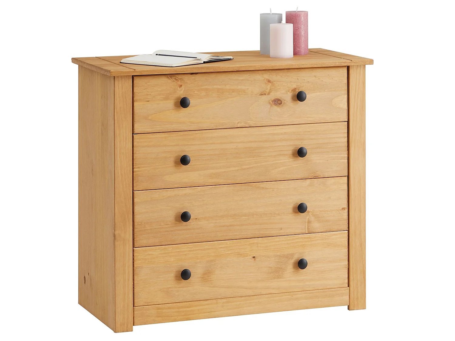 Commode CANCUN buffet avec 4 grands tiroirs, en pin massif à la finition teintée et cirée