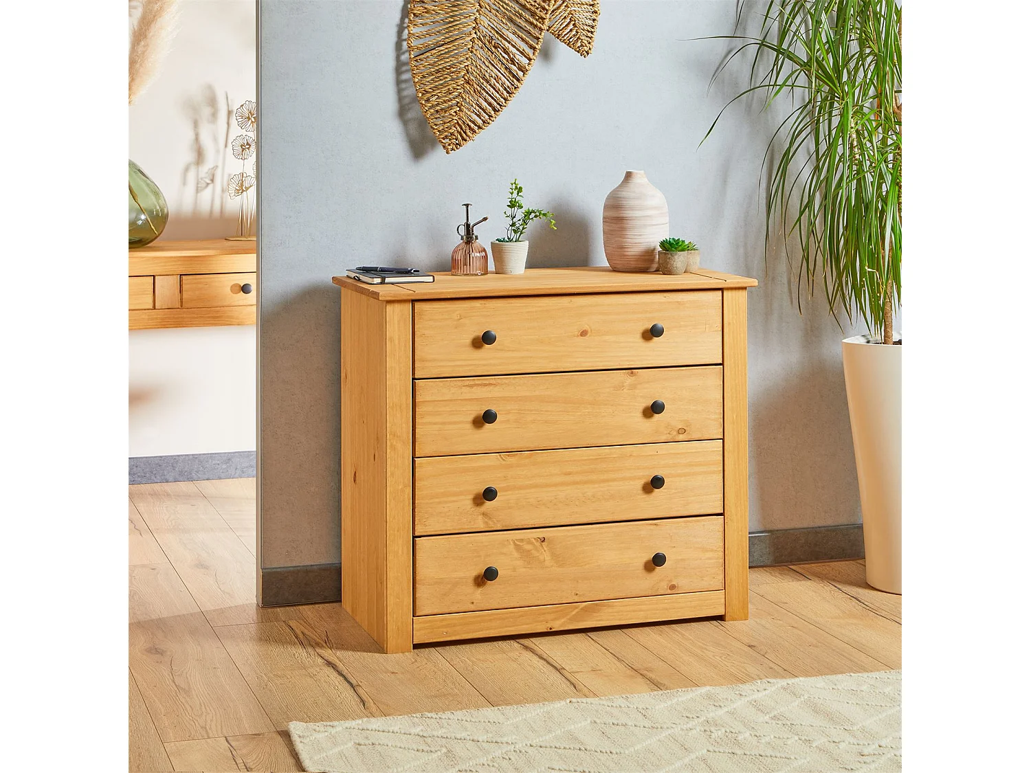 Commode CANCUN buffet avec 4 grands tiroirs, en pin massif à la finition teintée et cirée