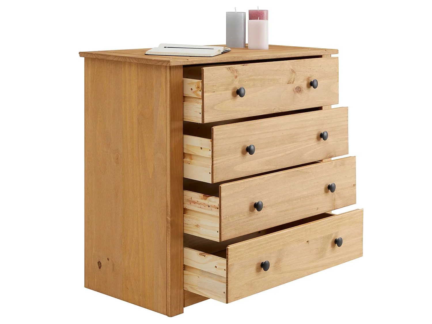 Commode CANCUN buffet avec 4 grands tiroirs, en pin massif à la finition teintée et cirée