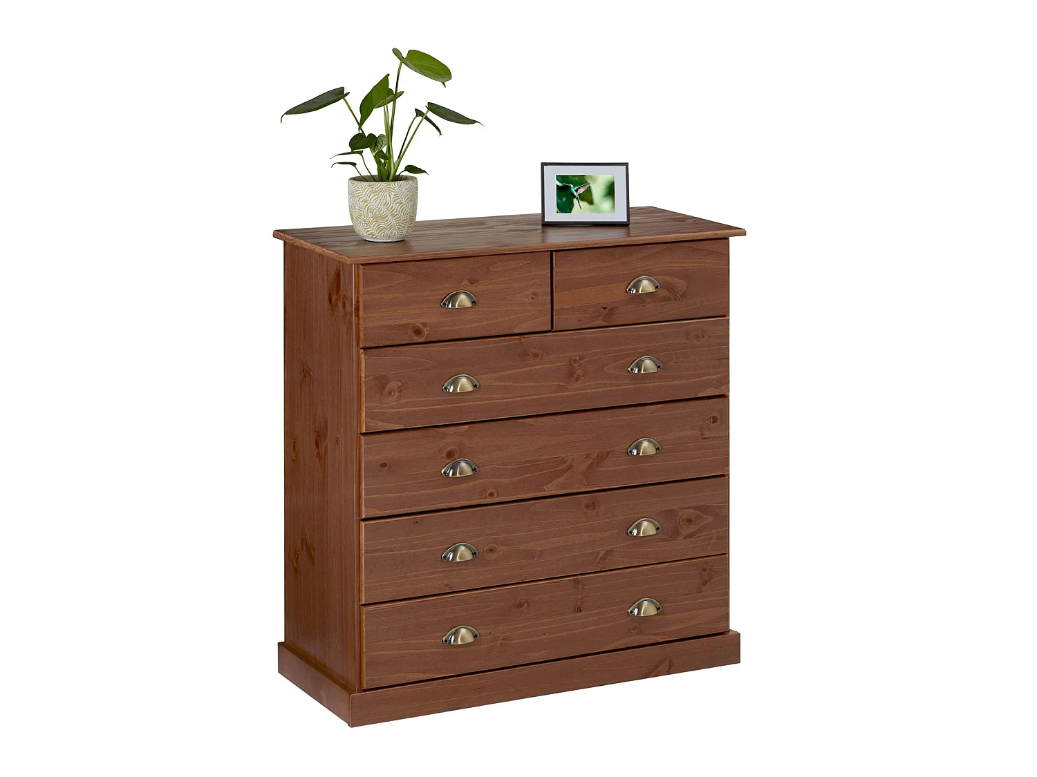 Commode chambre PARIS L 91 cm en bois massif lasuré brun foncé avec 6 tiroirs avec poignées coquille en métal