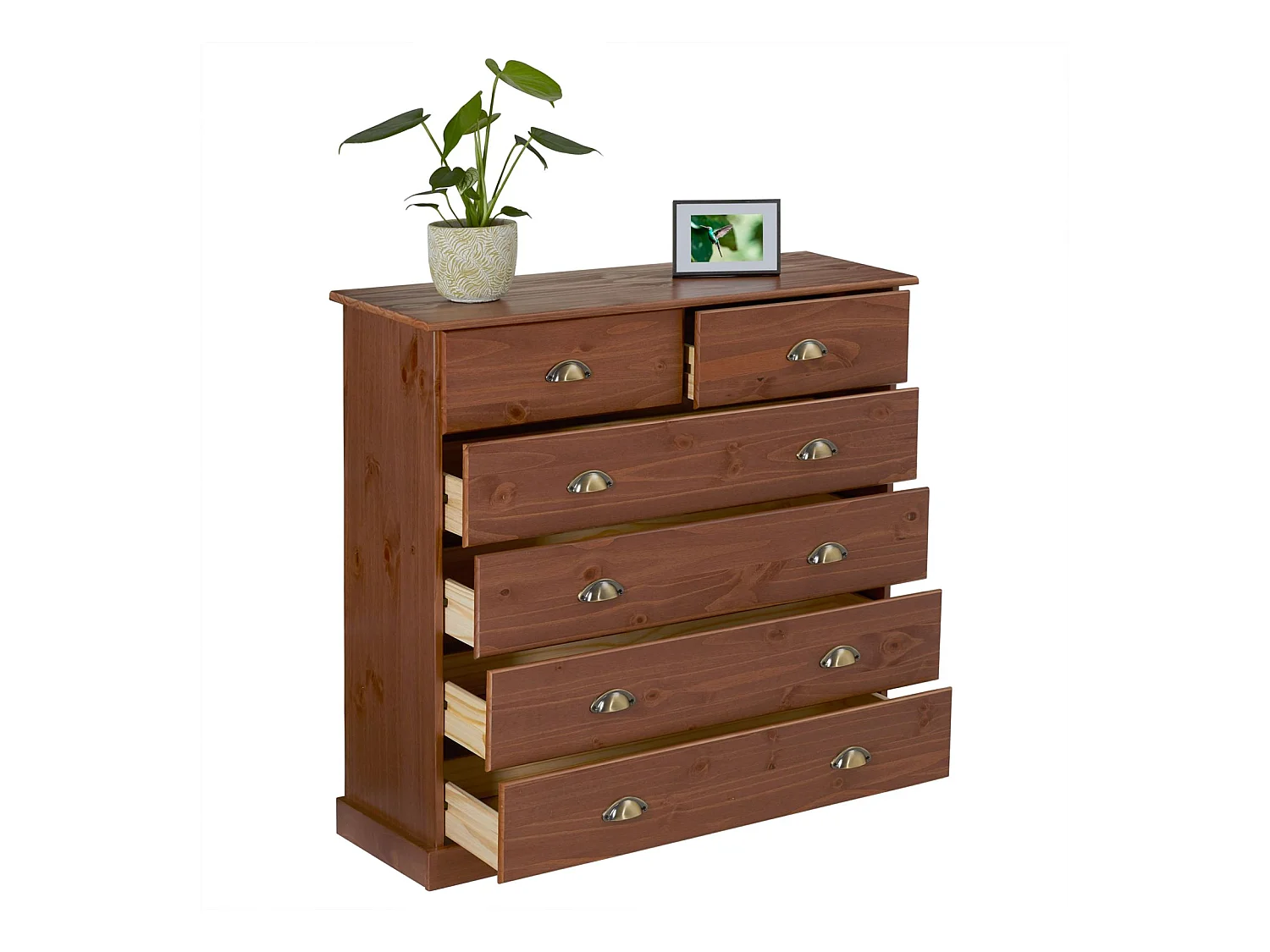 Commode chambre PARIS L 91 cm en bois massif lasuré brun foncé avec 6 tiroirs avec poignées coquille en métal