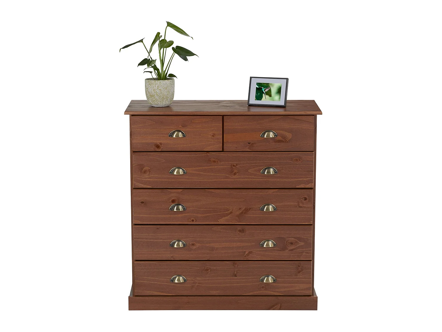 Commode chambre PARIS L 91 cm en bois massif lasuré brun foncé avec 6 tiroirs avec poignées coquille en métal