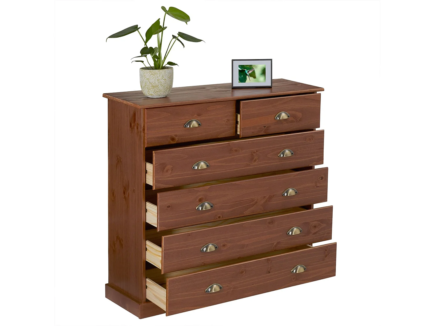 Commode chambre PARIS L 91 cm en bois massif lasuré brun foncé avec 6 tiroirs avec poignées coquille en métal