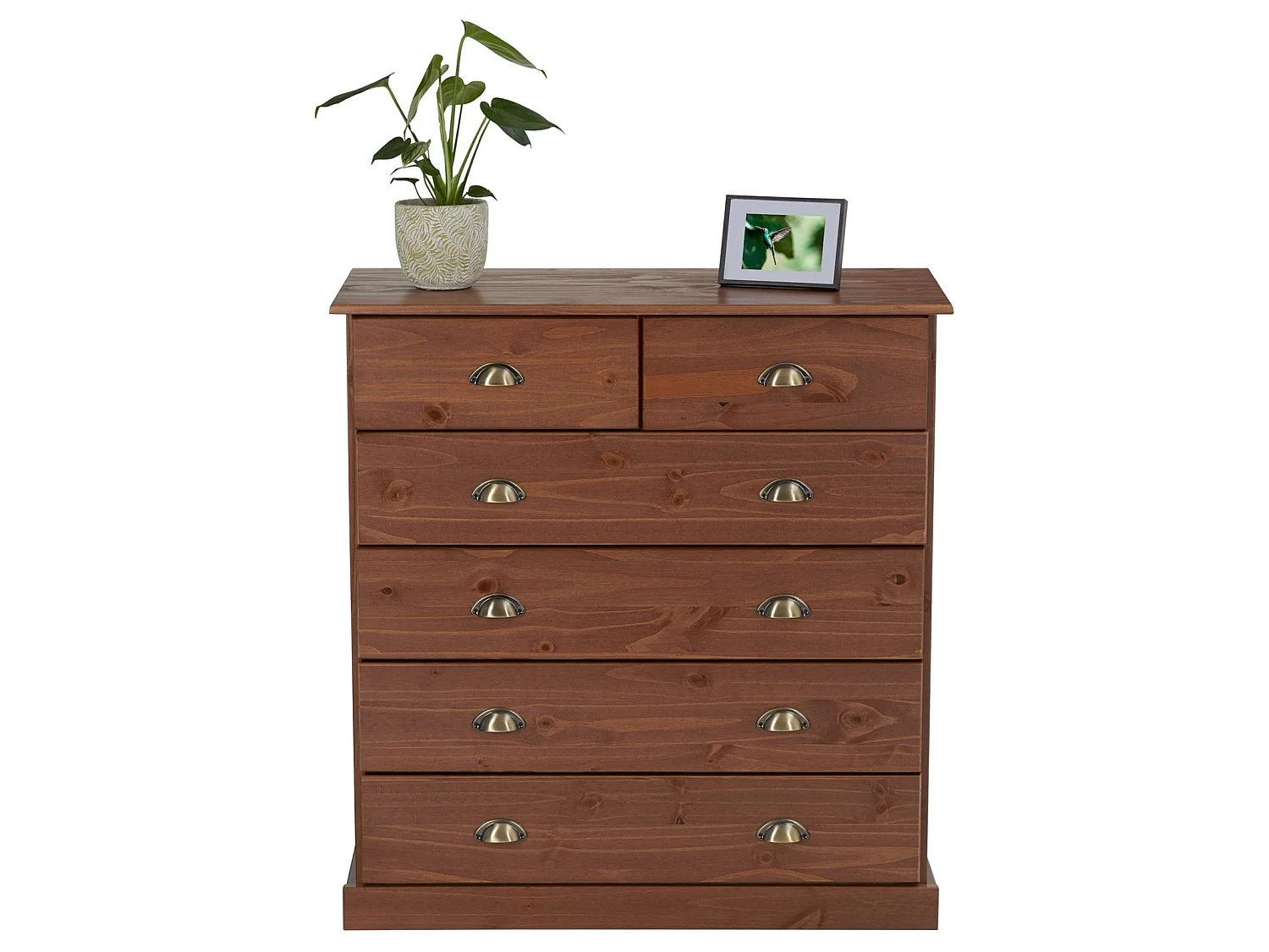 Commode chambre PARIS L 91 cm en bois massif lasuré brun foncé avec 6 tiroirs avec poignées coquille en métal