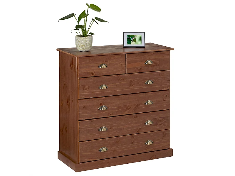 Commode chambre PARIS L 91 cm en bois massif lasuré brun foncé avec 6 tiroirs avec poignées coquille en métal