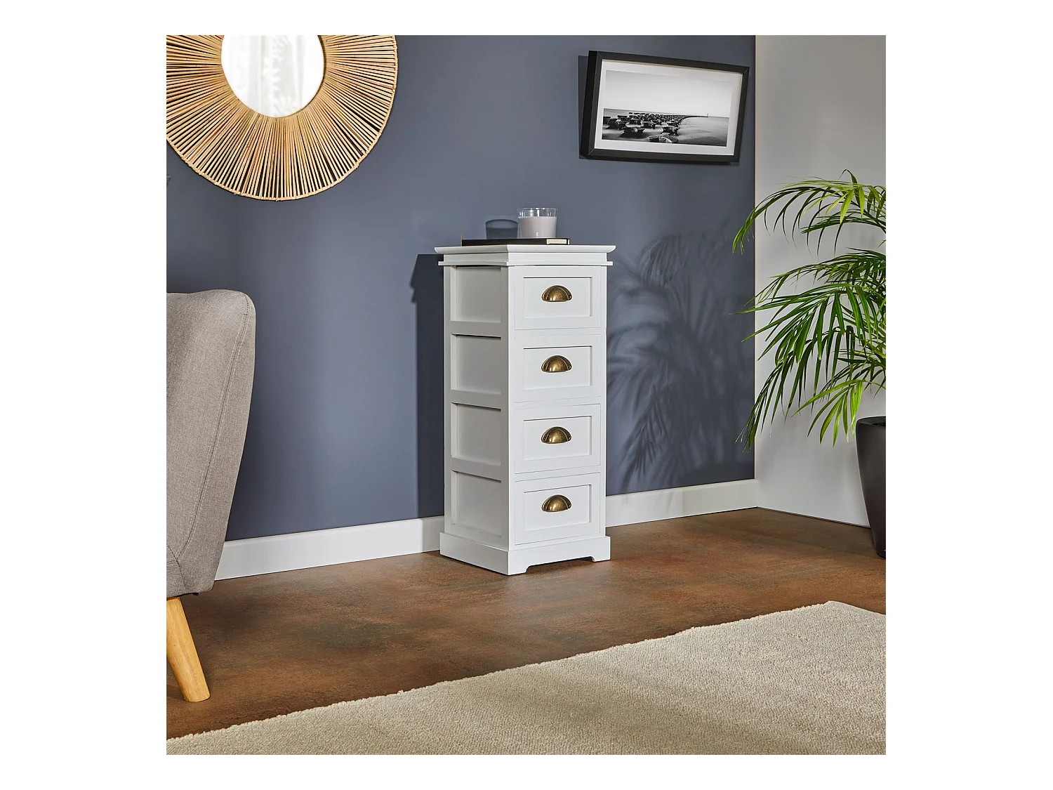 Chiffonnier LANDHAUS commode 4 tiroirs en bois de paulownia style shabby chic vintage classique blanc