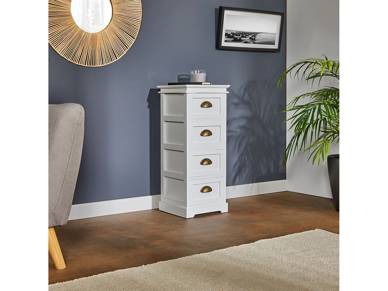 Chiffonnier LANDHAUS commode 4 tiroirs en bois de paulownia style shabby chic vintage classique blanc