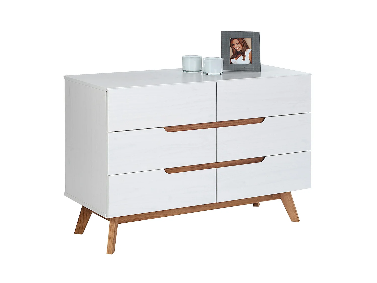 Commode chambre TIBOR L 98 cm en bois massif blanc avec 6 tiroirs, meuble de rangement à vêtements pour chambre