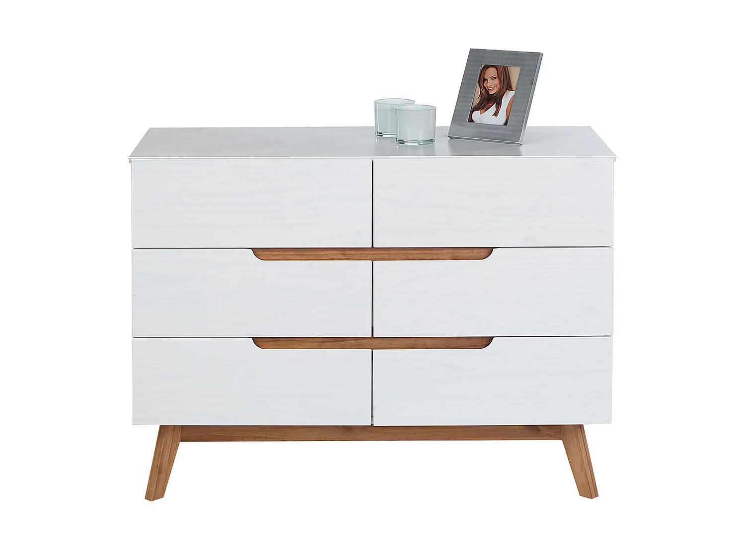 Commode chambre TIBOR L 98 cm en bois massif blanc avec 6 tiroirs, meuble de rangement à vêtements pour chambre