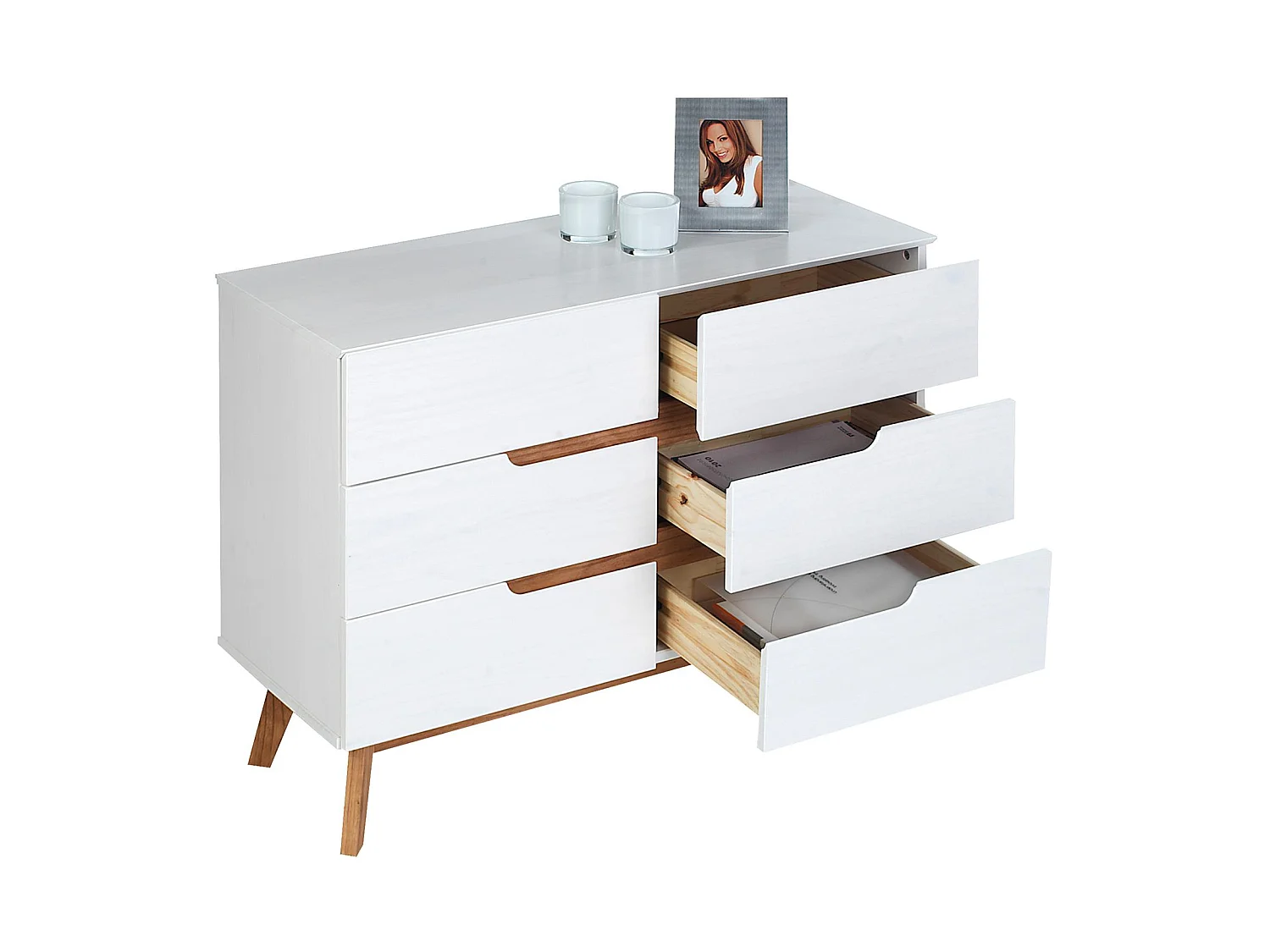Commode chambre TIBOR L 98 cm en bois massif blanc avec 6 tiroirs, meuble de rangement à vêtements pour chambre