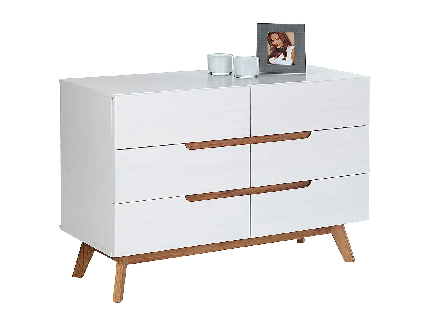 Commode chambre TIBOR L 98 cm en bois massif blanc avec 6 tiroirs, meuble de rangement à vêtements pour chambre