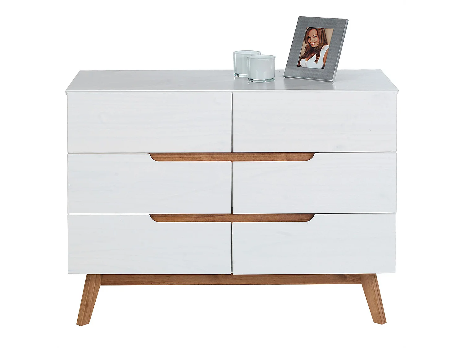 Commode chambre TIBOR L 98 cm en bois massif blanc avec 6 tiroirs, meuble de rangement à vêtements pour chambre