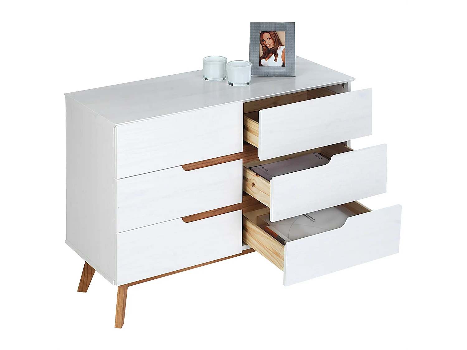Commode chambre TIBOR L 98 cm en bois massif blanc avec 6 tiroirs, meuble de rangement à vêtements pour chambre