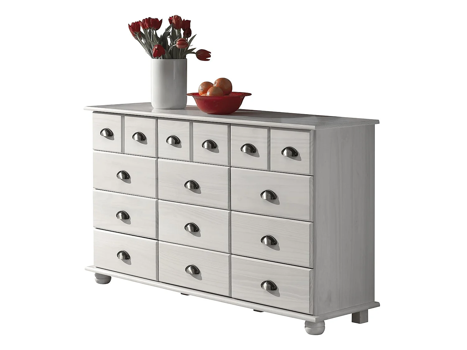 Commode COLMAR chiffonnier apothicaire rangement avec 12 tiroirs en pin massif lasuré blanc