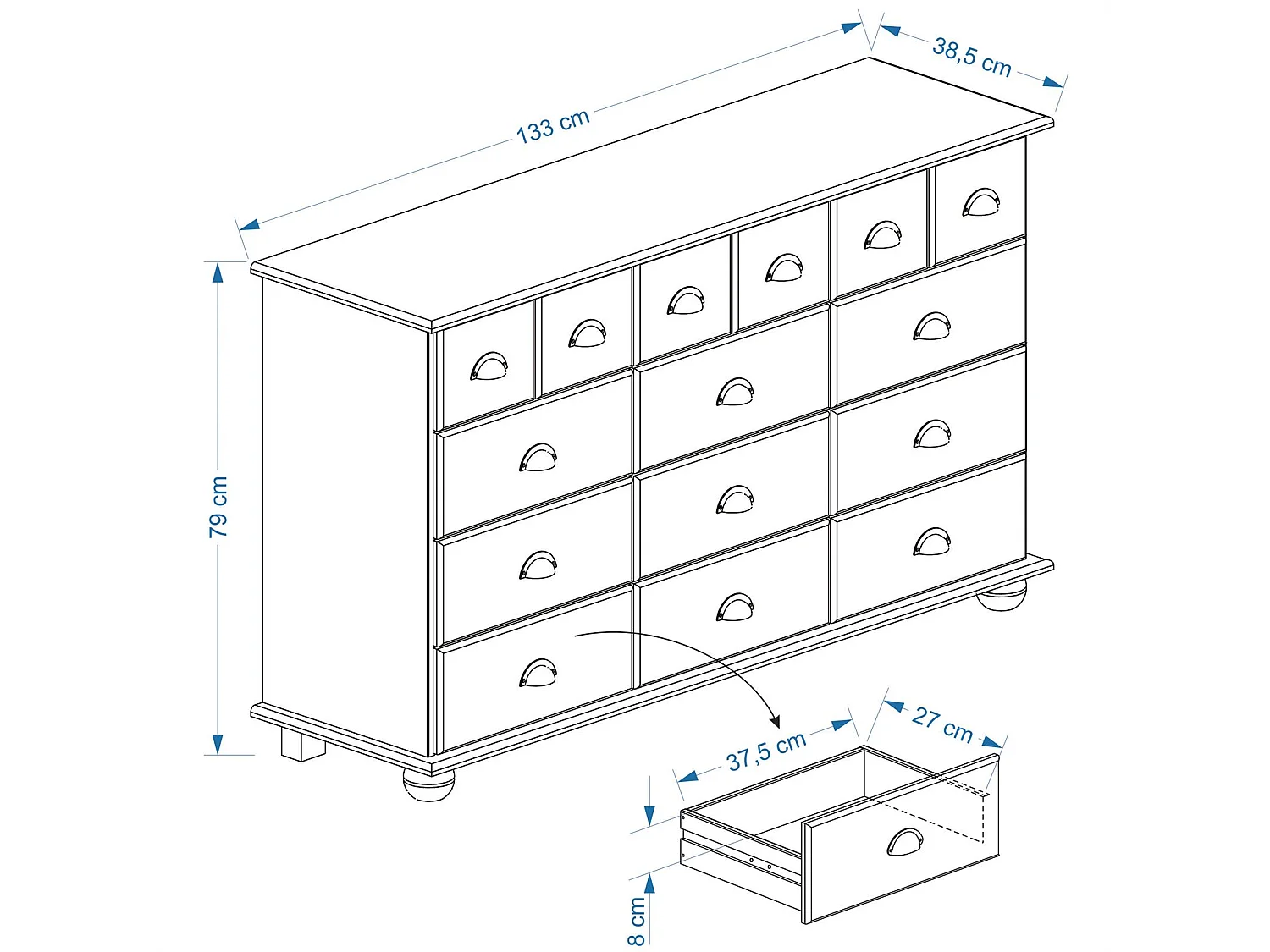 Commode COLMAR chiffonnier apothicaire rangement avec 12 tiroirs en pin massif lasuré blanc