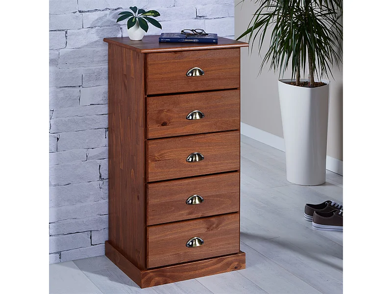 Chiffonnier PARIS commode avec 5 tiroirs en pin massif lasuré brun foncé