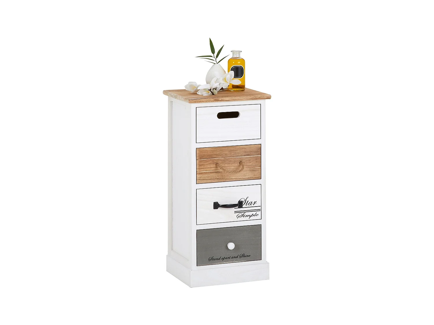 Chiffonnier SALVA H 77 cm en bois massif blanc, gris et brun 4 tiroirs commode petit meuble de rangement haut