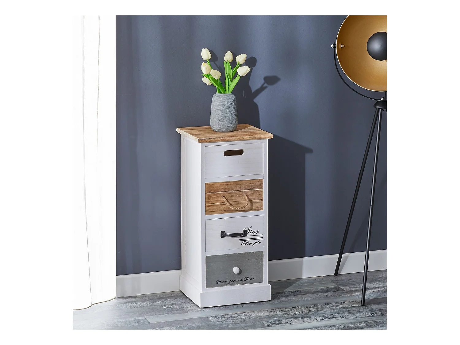 Chiffonnier SALVA H 77 cm en bois massif blanc, gris et brun 4 tiroirs commode petit meuble de rangement haut