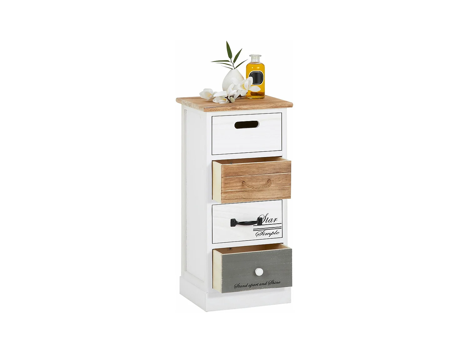 Chiffonnier SALVA H 77 cm en bois massif blanc, gris et brun 4 tiroirs commode petit meuble de rangement haut