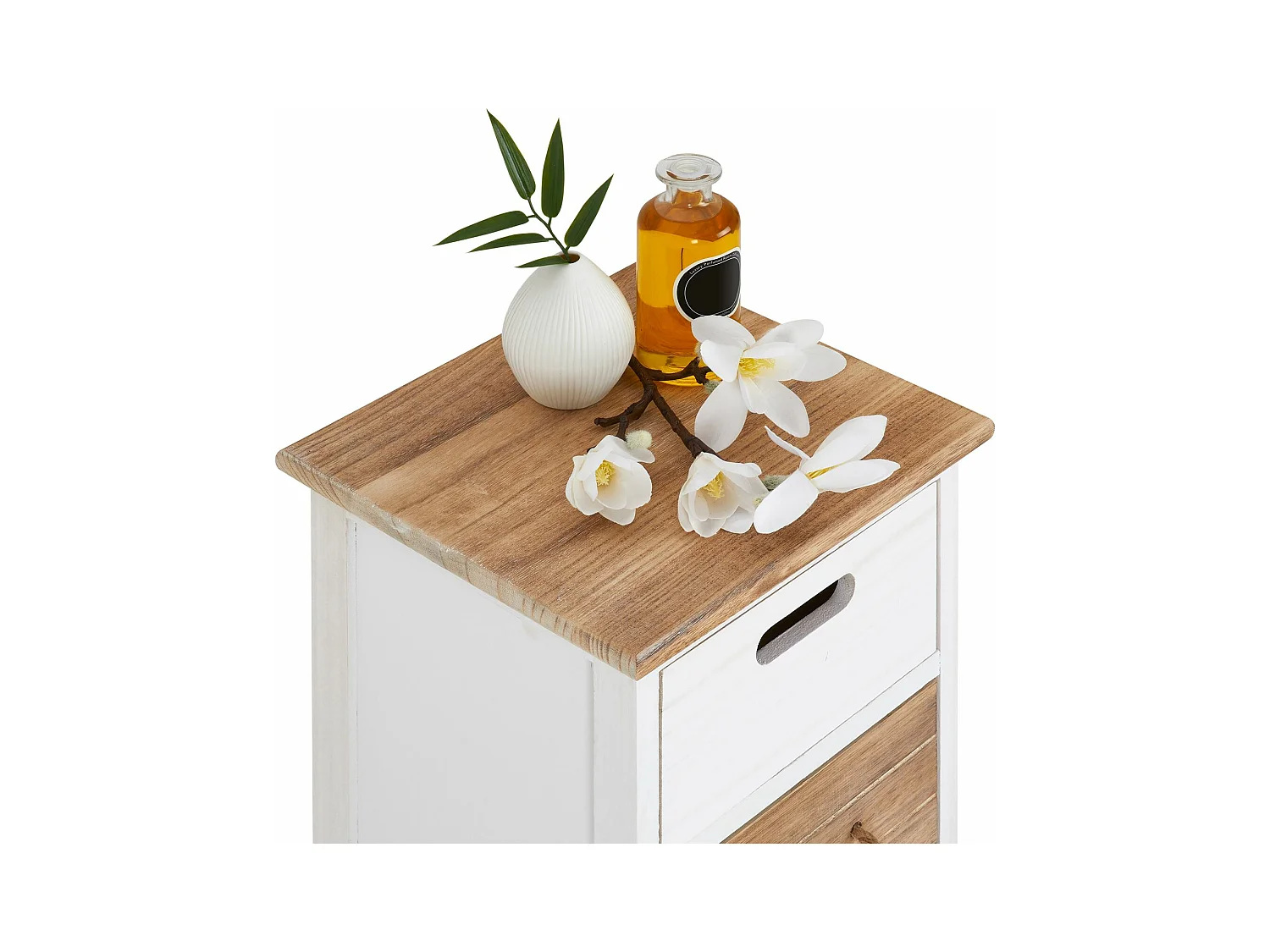 Chiffonnier SALVA H 77 cm en bois massif blanc, gris et brun 4 tiroirs commode petit meuble de rangement haut
