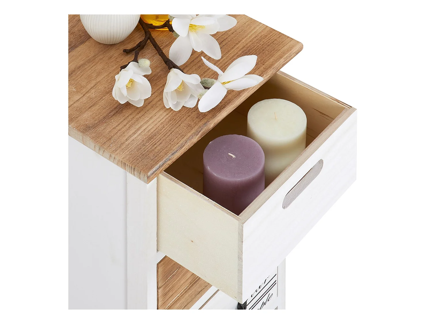 Chiffonnier SALVA H 77 cm en bois massif blanc, gris et brun 4 tiroirs commode petit meuble de rangement haut