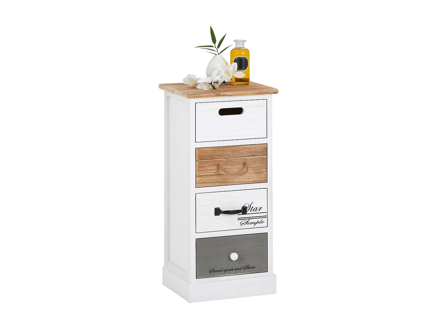 Chiffonnier SALVA H 63 cm en bois massif blanc, gris et brun 4 tiroirs commode petit meuble de rangement haut