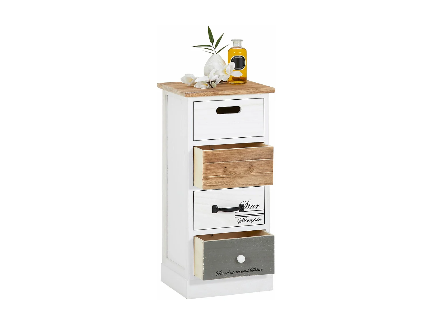 Chiffonnier SALVA H 63 cm en bois massif blanc, gris et brun 4 tiroirs commode petit meuble de rangement haut