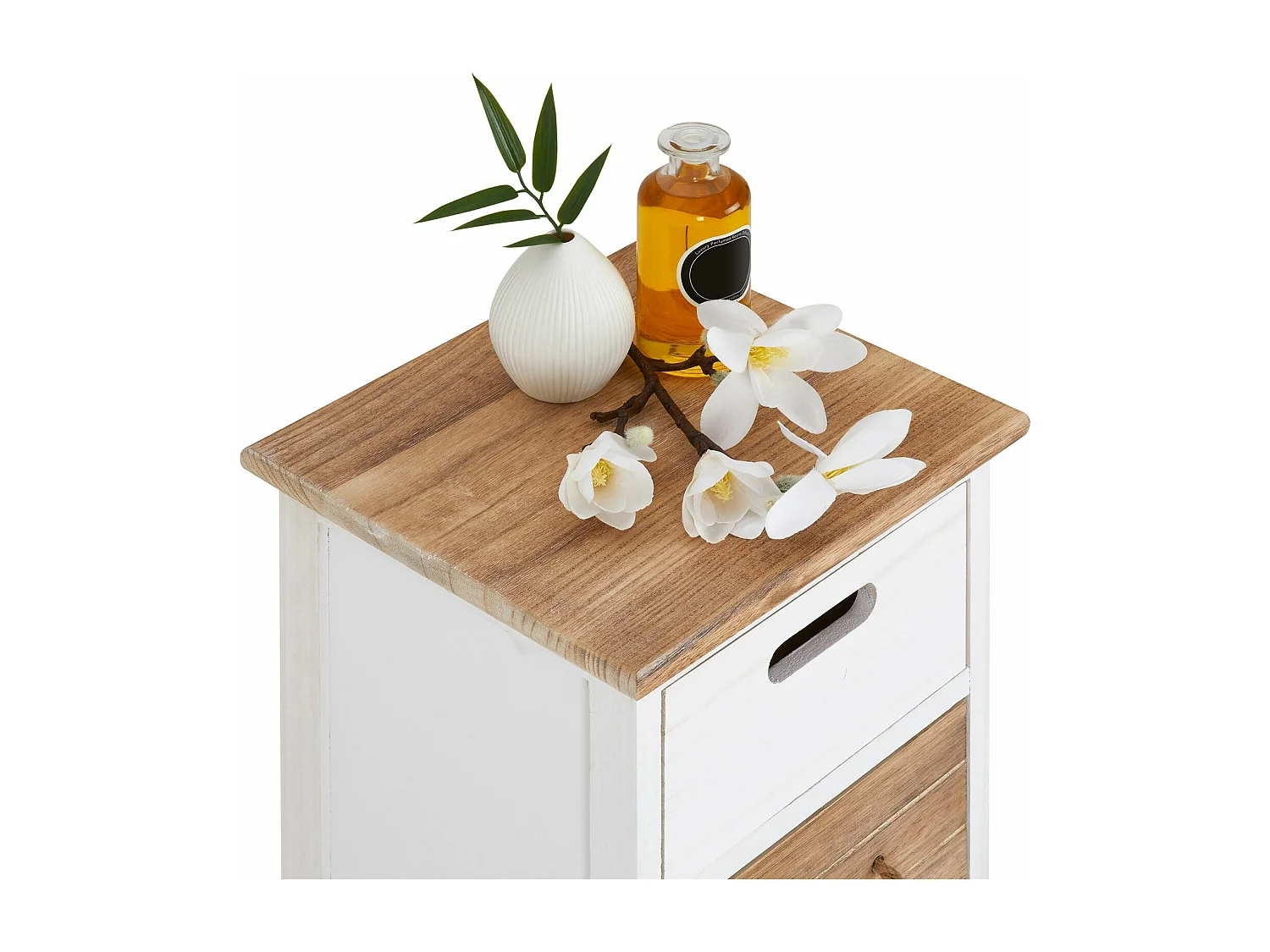 Chiffonnier SALVA H 63 cm en bois massif blanc, gris et brun 4 tiroirs commode petit meuble de rangement haut