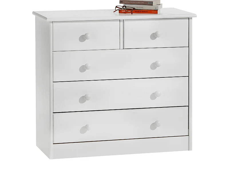 Commode de chambre RONDO meuble de rangement avec 5 tiroirs, en pin massif lasuré blanc