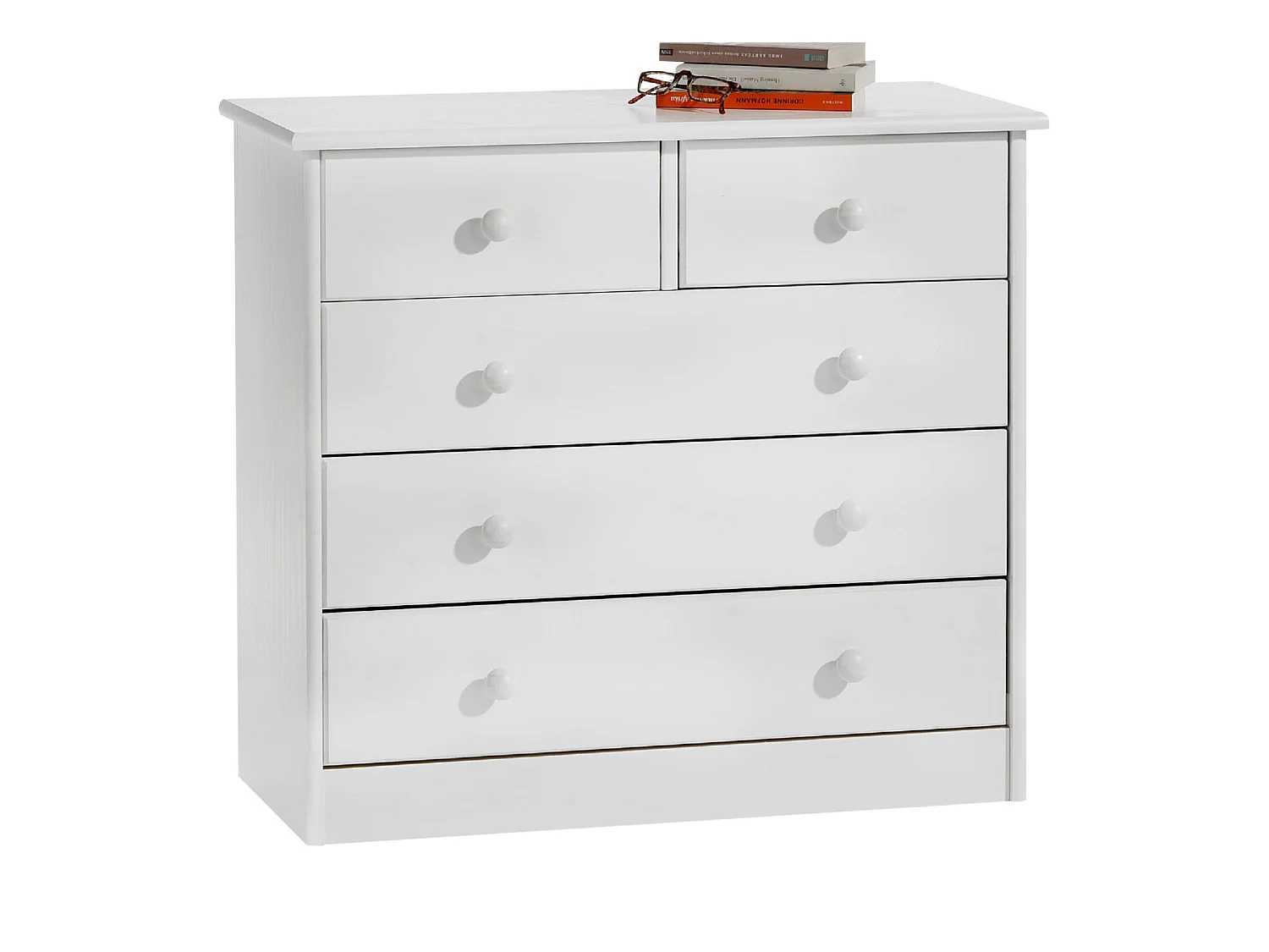 Commode de chambre RONDO meuble de rangement avec 5 tiroirs, en pin massif lasuré blanc