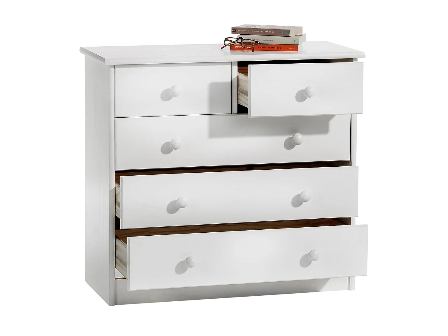 Commode de chambre RONDO meuble de rangement avec 5 tiroirs, en pin massif lasuré blanc