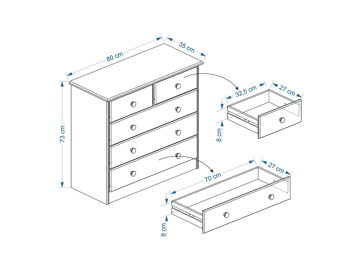 Commode de chambre RONDO meuble de rangement avec 5 tiroirs, en pin massif lasuré blanc