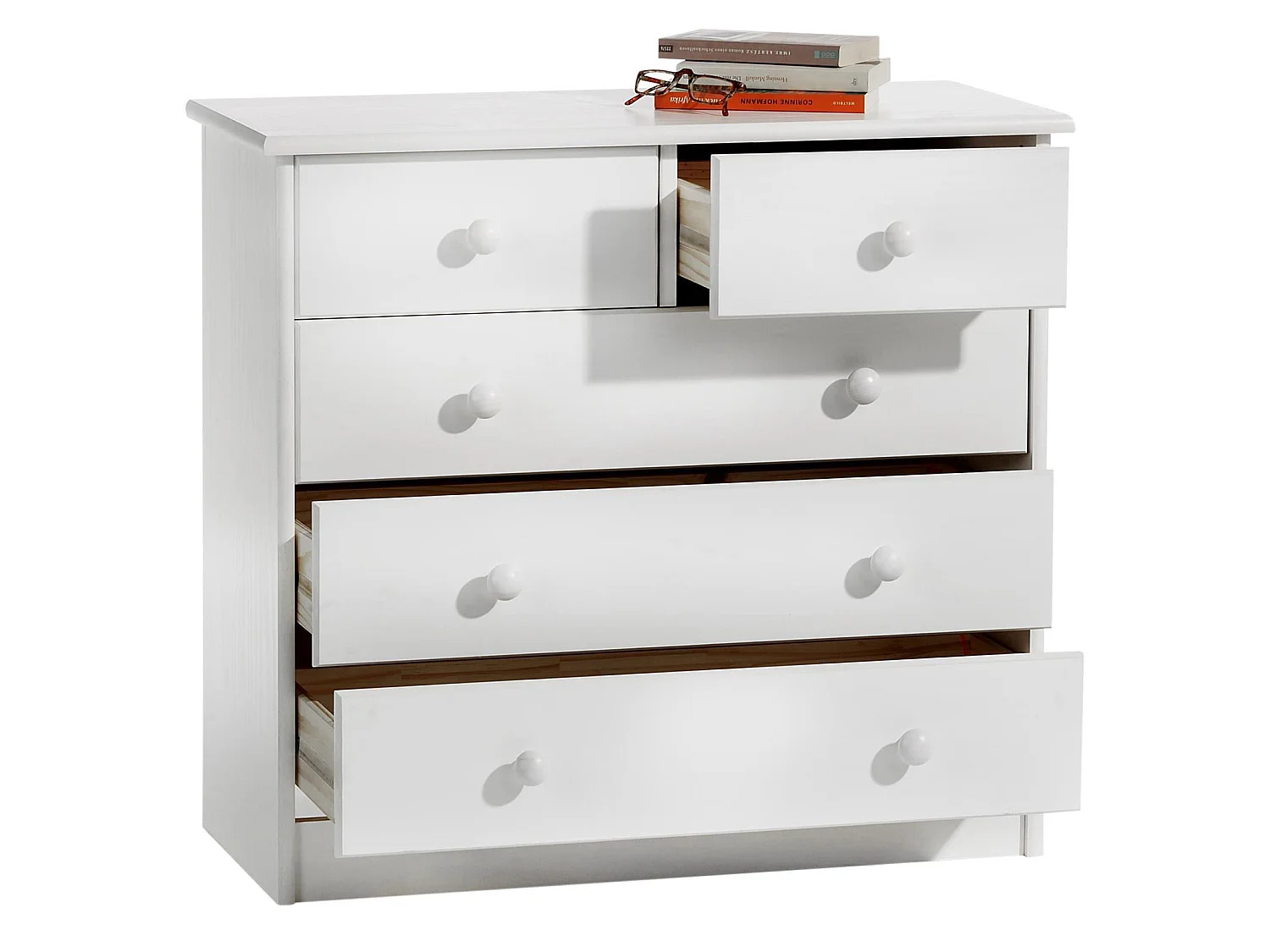 Commode de chambre RONDO meuble de rangement avec 5 tiroirs, en pin massif lasuré blanc