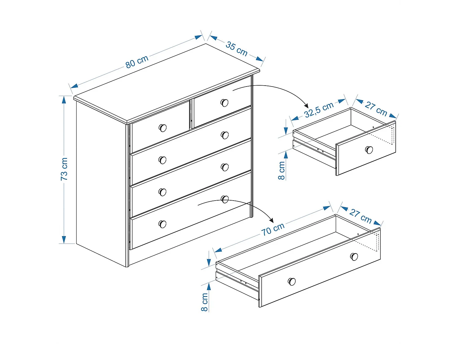 Commode de chambre RONDO meuble de rangement avec 5 tiroirs, en pin massif lasuré blanc