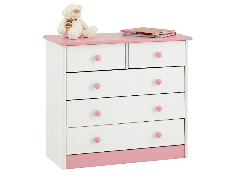Commode de chambre RONDO meuble de rangement avec 5 tiroirs, en pin massif lasuré blanc et rose