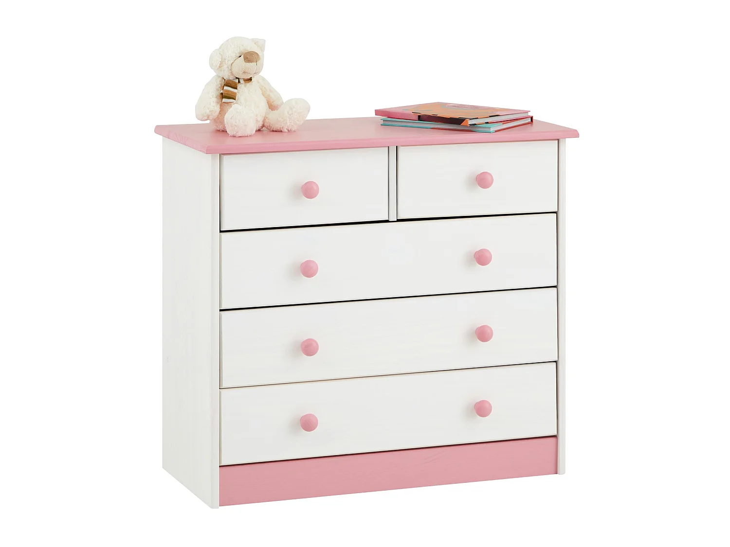 Commode de chambre RONDO meuble de rangement avec 5 tiroirs, en pin massif lasuré blanc et rose
