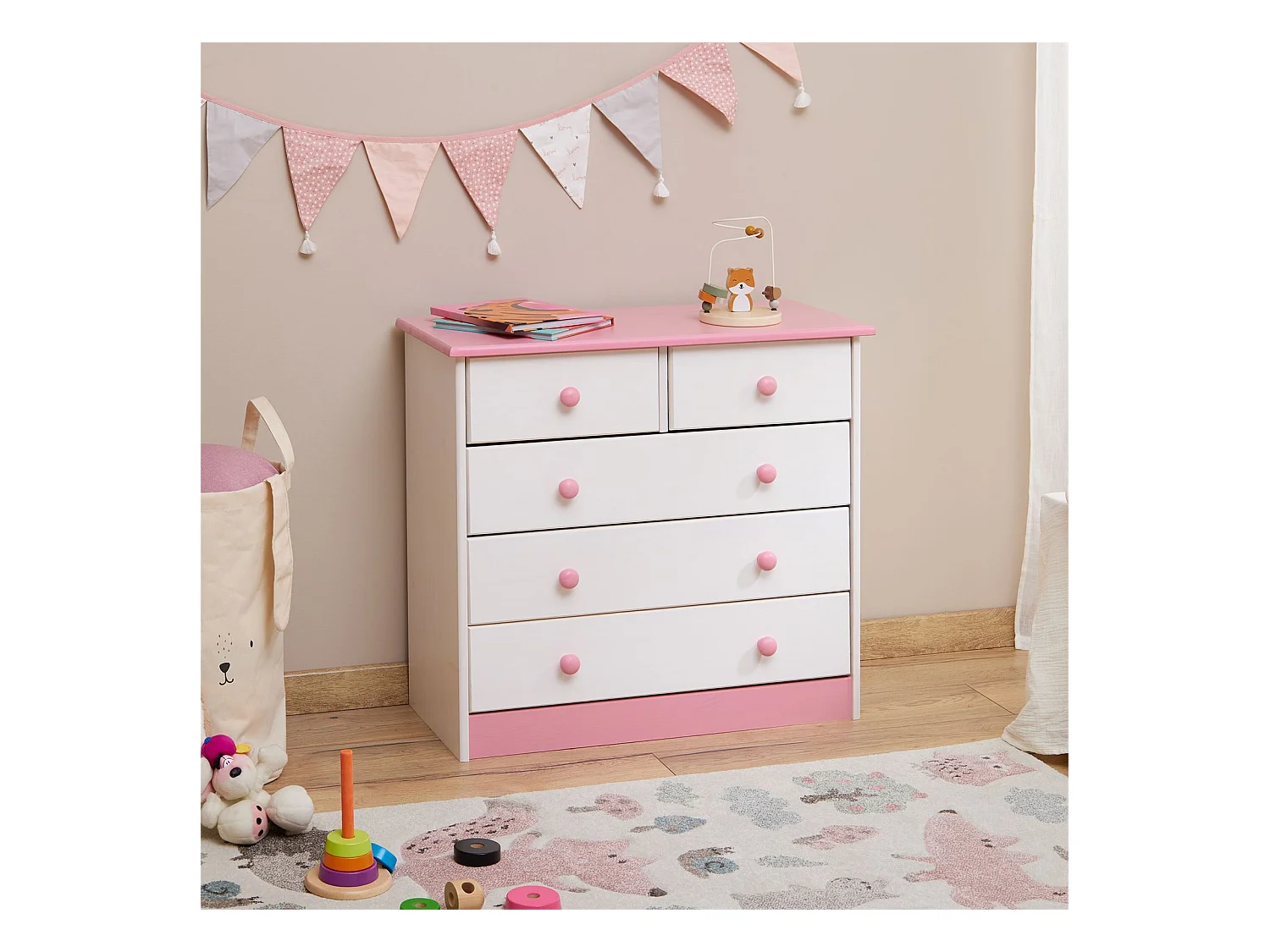 Commode de chambre RONDO meuble de rangement avec 5 tiroirs, en pin massif lasuré blanc et rose