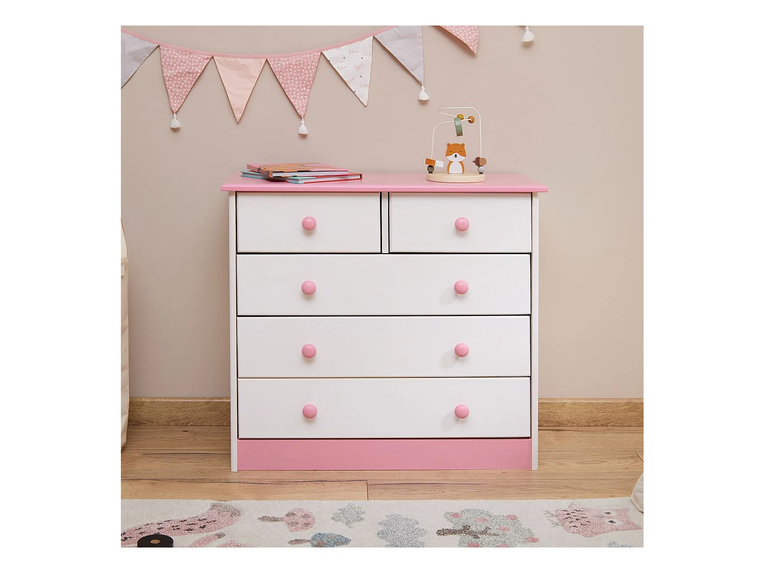 Commode de chambre RONDO meuble de rangement avec 5 tiroirs, en pin massif lasuré blanc et rose