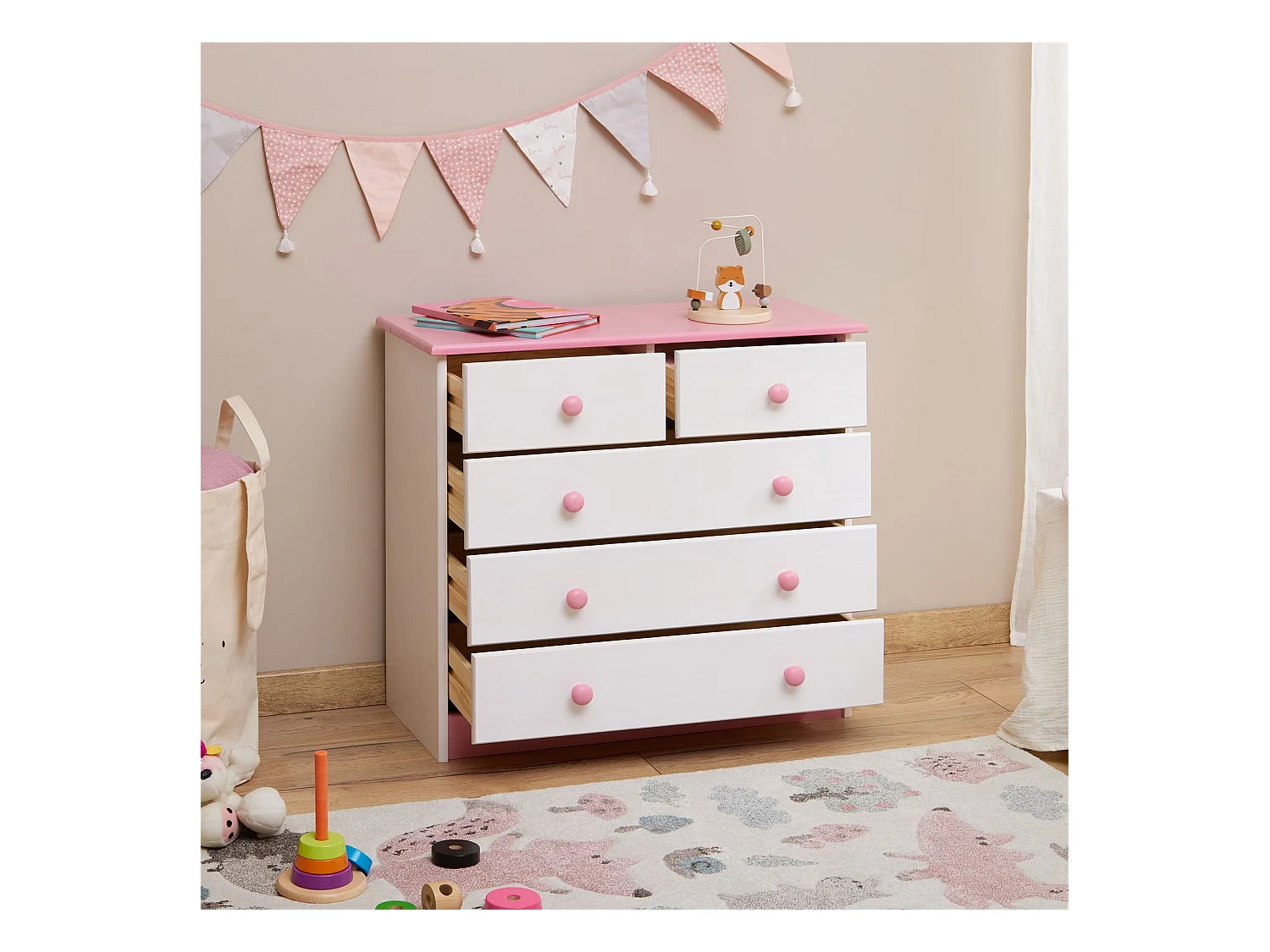 Commode de chambre RONDO meuble de rangement avec 5 tiroirs, en pin massif lasuré blanc et rose