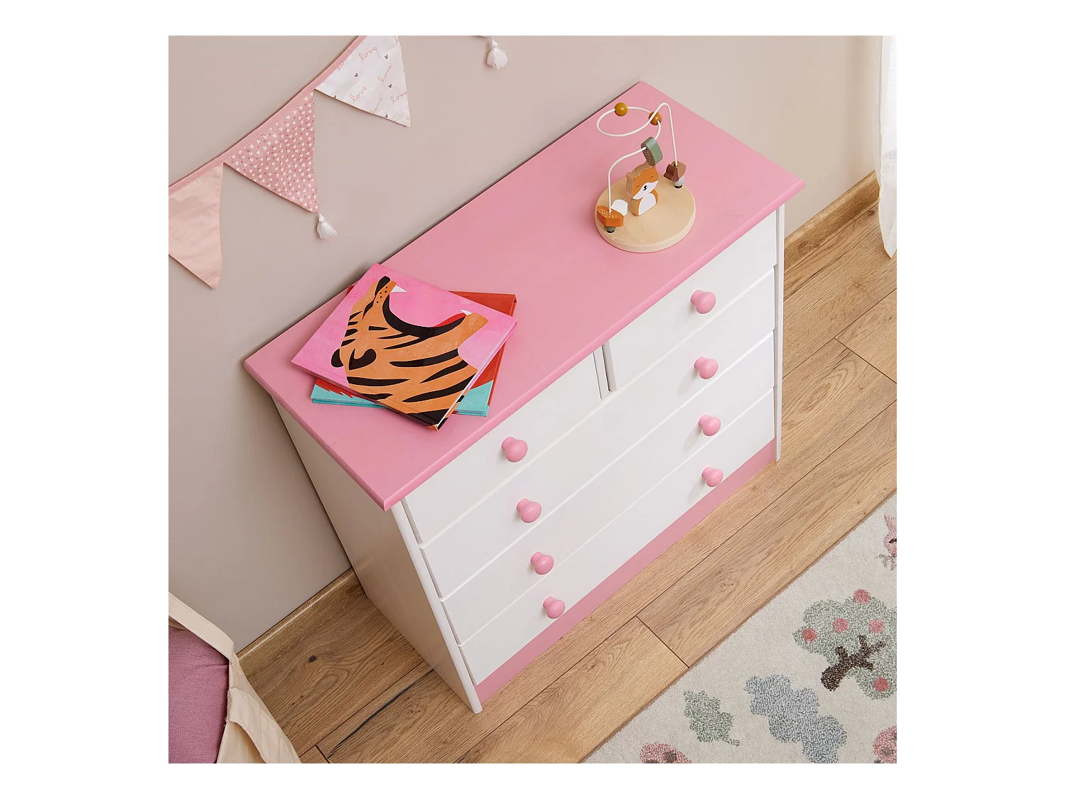 Commode de chambre RONDO meuble de rangement avec 5 tiroirs, en pin massif lasuré blanc et rose