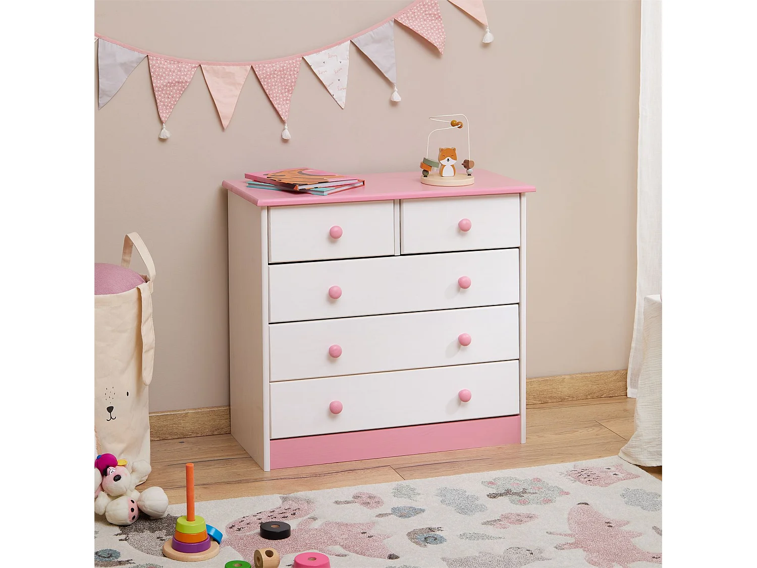 Commode de chambre RONDO meuble de rangement avec 5 tiroirs, en pin massif lasuré blanc et rose