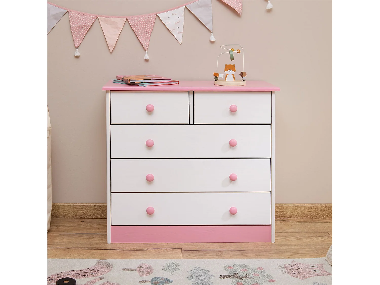 Commode de chambre RONDO meuble de rangement avec 5 tiroirs, en pin massif lasuré blanc et rose