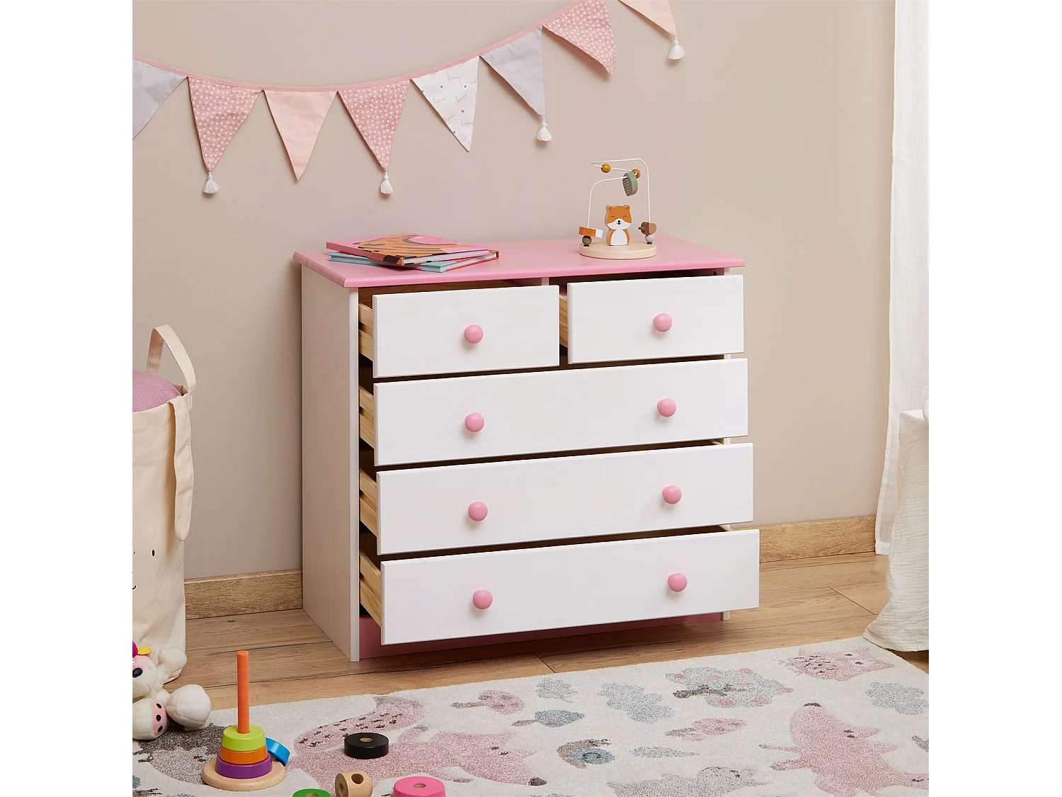 Commode de chambre RONDO meuble de rangement avec 5 tiroirs, en pin massif lasuré blanc et rose