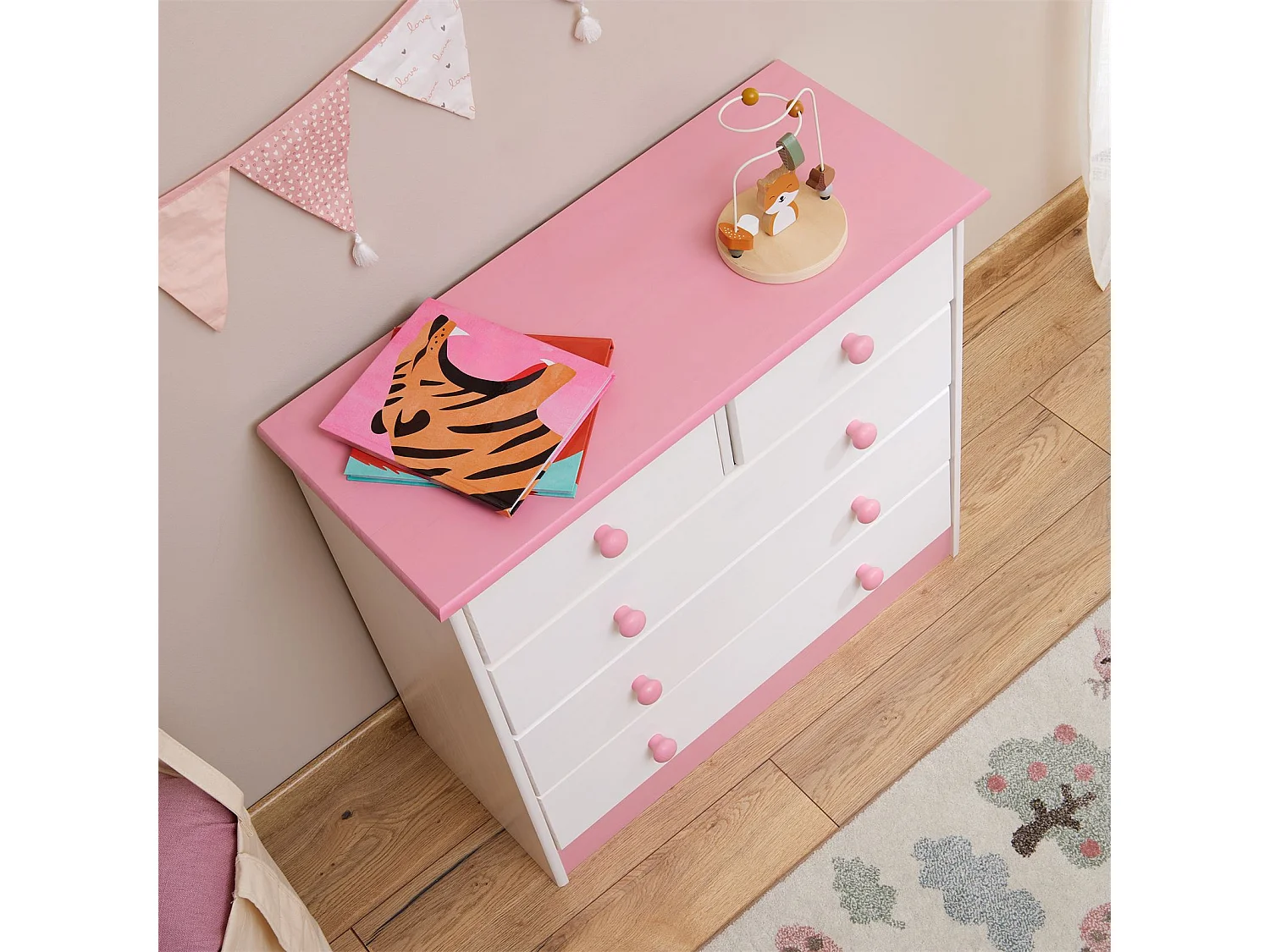 Commode de chambre RONDO meuble de rangement avec 5 tiroirs, en pin massif lasuré blanc et rose