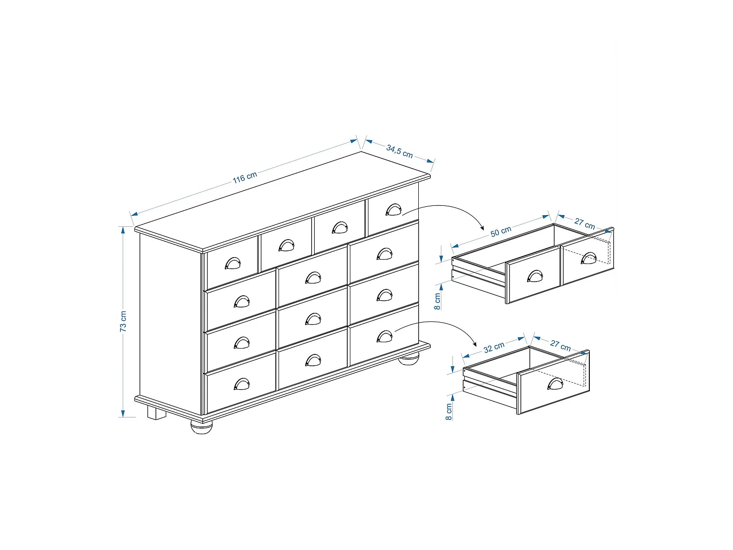 Commode COLMAR chiffonnier apothicaire rangement avec 11 tiroirs en pin massif finition teintée/cirée