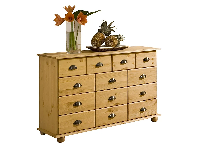 Commode COLMAR chiffonnier apothicaire rangement avec 11 tiroirs en pin massif finition teintée/cirée